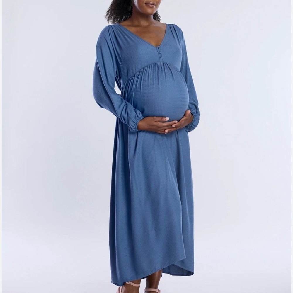 Motherhood Long Sleeve Blue Maternity Dress